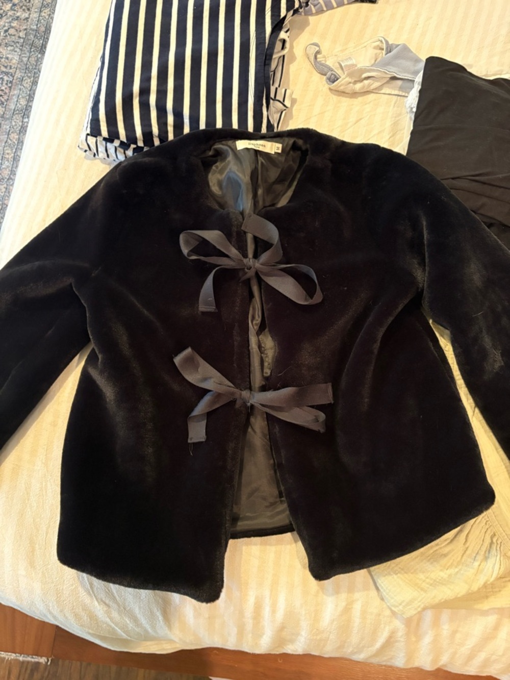 Black Faux Fur Tie-Front Jacket